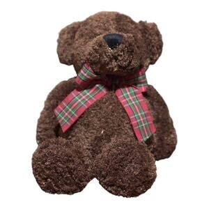 Carson Pirie Scott Brown Shaggy Teddy Bear 10″ Plaid Holiday Ribbon VTG 1990s